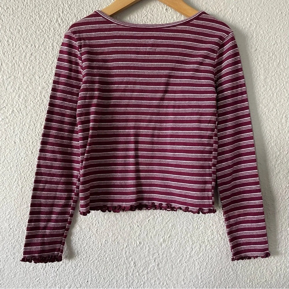 Justice Thermal Top Girls 7 Striped Maroon White Lettuce Edge Long Sleeve Shirt